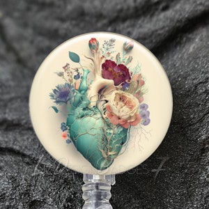 Floral Human Heart Badge Reel - Heart Stethoscope ID Tag -Yoke Style ID Tag -Heavy Duty Badge Reel with Steel Wire -Lanyard -Carabiner -A415