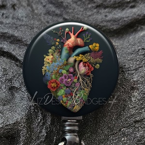 Floral Human Heart Badge Reel - Heart Stethoscope ID Tag -Yoke Style ID Tag -Heavy Duty Badge Reel with Steel Wire -Lanyard -Carabiner -A402