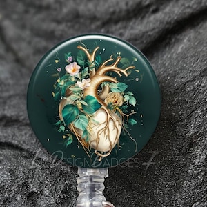 Floral Human Heart Badge Reel - Heart Stethoscope ID Tag -Yoke Style ID Tag -Heavy Duty Badge Reel with Steel Wire -Lanyard -Carabiner -A408