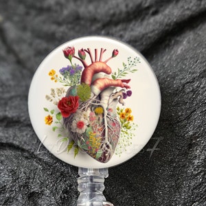 Floral Human Heart Badge Reel - Heart Stethoscope ID Tag -Yoke Style ID Tag -Heavy Duty Badge Reel with Steel Wire -Lanyard -Carabiner -A403