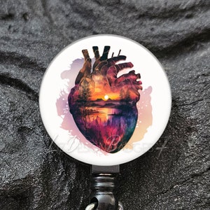 Sunset Human Heart Badge Reel - Heart Stethoscope ID Tag -Yoke Style ID Tag -Heavy Duty Badge Reel with Steel Wire -Lanyard -Carabiner -A401
