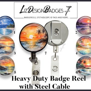 May include: A heavy duty badge reel with a steel cable and a variety of colorful sunset themed interchangeable badge holders. The badge holders feature a variety of sunset scenes with palm trees, ocean waves, and a bright orange sun.