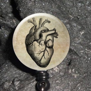 May include: A black and white anatomical heart illustration on a cream background, printed on a round badge holder with a black retractable cord and a clear plastic clip.