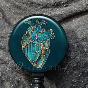 Aqua and Gold Human Heart Badge Reel -Heart Badge Holder -Anatomy Badge Reel -Nurse Badge Reel -Medical Staff Gift -Stethoscope ID Tag- A304