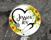 Sunflowers Retractable Badge Holder - Personalized Badge Reel -Monogram Badge Reel-Monogram Badge Holder -Monogram Stethoscope Id Tag -ST104
