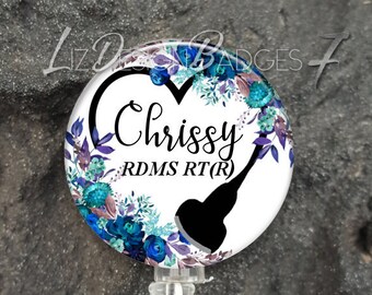 Blue Floral Badge Reel - Ultrasound Tech Badge Reel-Name Badge Reel - Sonographer Badge Holder-Personalized Badge Holder - RDMS - Style 964