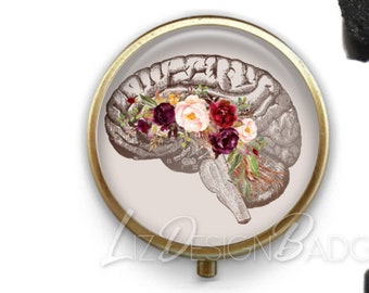 Floral Human Brain Pill Box, Floral Brain Pill Case, Trinket Box Storage,Medical Pills Storage,Pill Container, Gift for Her,Anatomy Pill Box
