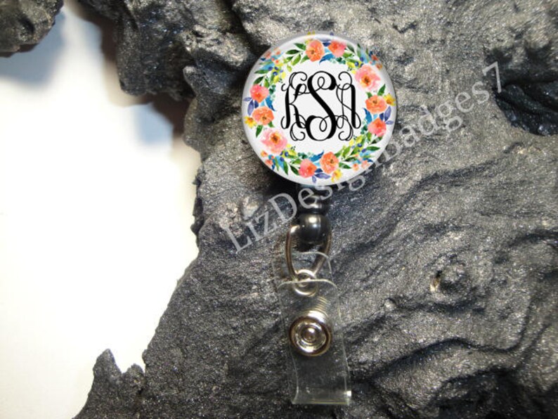 Floral Retractable Badge Holder,Personalized Badge Reel,Monogram Badge Reel,Monogram Badge Holder,Monogram Stethoscope Id Tag Style 541 image 1