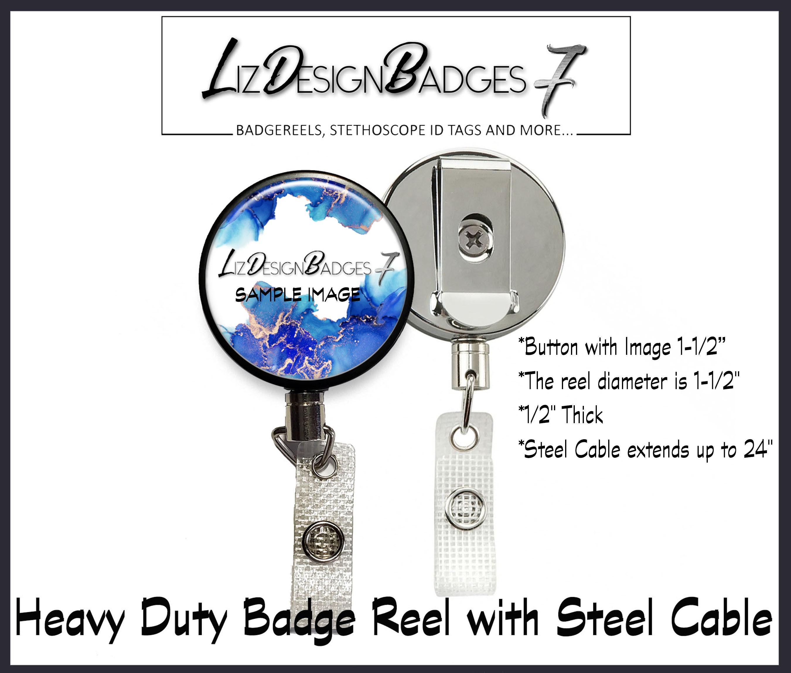 Heavy Duty Badge Reel With Steel Cable blue Watercolor Floral