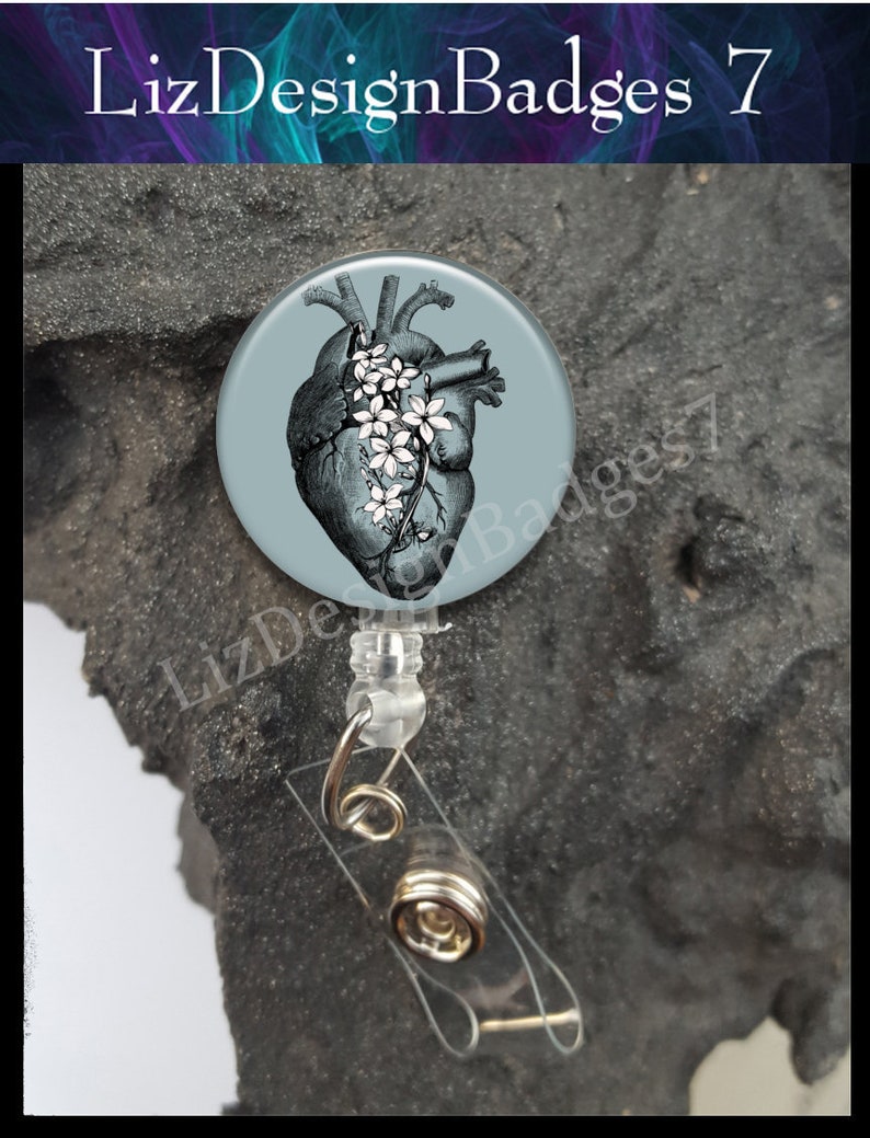 Heart and Flowers Badge Reel-Heart Badge Holder-Heart Retractable Badge Reel-Human Anatomy Badge Reel-Nurse Badge Reel-Medical Staff