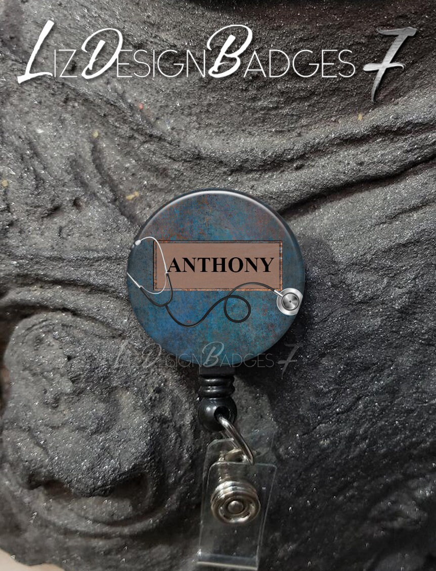 Steel Blue and Copper Badge Reel Personalized Badge Reel Man