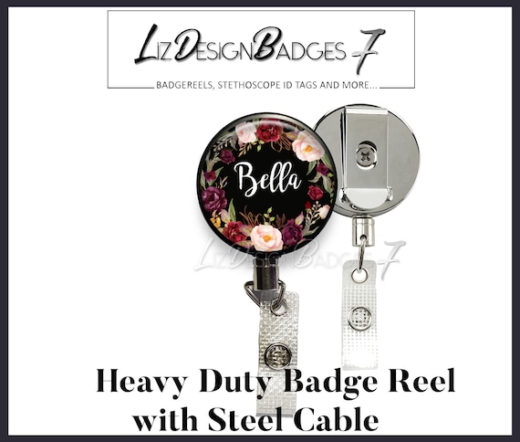 Heavy Duty Badge Reel With Steel Cable burgundy Watercolor Floral