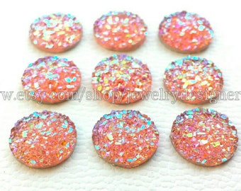 12mm AB Pink Resin Druzy Cabochons - Faux Druzy Cabochons - Thin Type