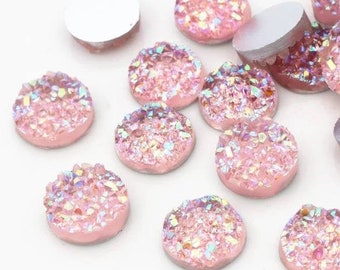 12mm Faux Quartz Crystal Druzy Cabochons - Iridescent Light Pink AB Flat Back Resin Deco