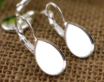 14x10.2mm Teardrop French Leverback Cabochon Earring Bezel Base Settings - Bright Silver Plated