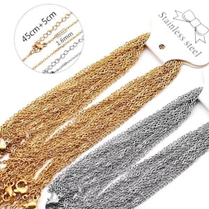 Stainless Steel Necklaces, 45cm + 5cm Extender, Gold Steel Dainty Necklace, 1.6mm Chain Thickness with Lobster Clasp