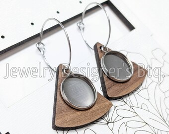 12mm Bezel Stainless Steel Hoop Earring Blanks - Repurposed Wood Triangle - 20mm Hoop