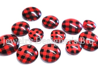 12mm Buffalo Plaid Glass Photo Cabochons Black and Red Print Pattern