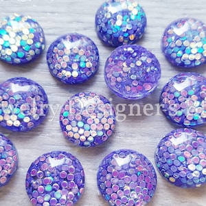 12mm Purple AB Glitter Resin Dome - Cabochon Plat Rond Irisé