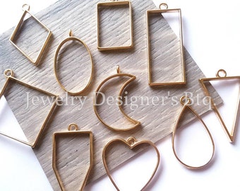 Hollow Out Pendants - Open Back Bezel Blanks For Resin Jewelry Making - Assorted Shapes - Rectangle Moon Heart Oval Drop - KC Gold Color