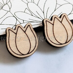 12mm Style Tulipe 2 Cabochons Bois Gravé - Merisier Noyer Bouleau, Pick Color - Vernis Semi-Mat
