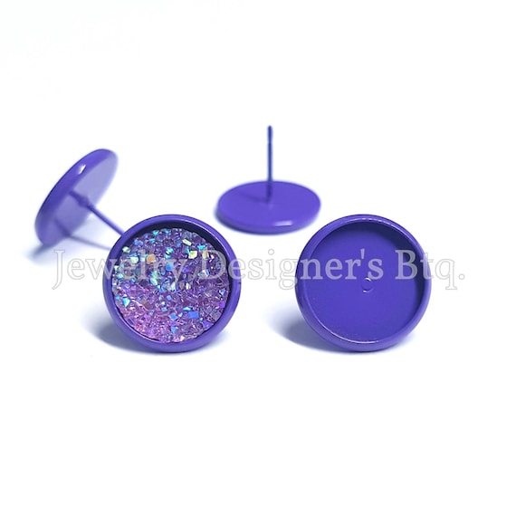 12mm Bezel Painted Purple Cabochon Settings Stud Earring Findings Cabochons Earrings Components Post Studs Jewelry Hardware Supply