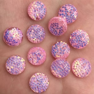 12mm Dôme en résine de paillettes AB Rose - Cabochon Rond Irisé à dos plat