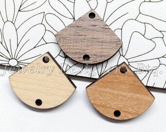 May include: Three unfinished wooden triangle shapes with rounded edges and two holes for hanging. The shapes are in different shades of brown.