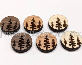 12mm Pine Trees Wood Cabochons - Leaves Wooden Embellishments - Cherrywood Walnut Birch, Pick Color - Semi-Matte Varnish