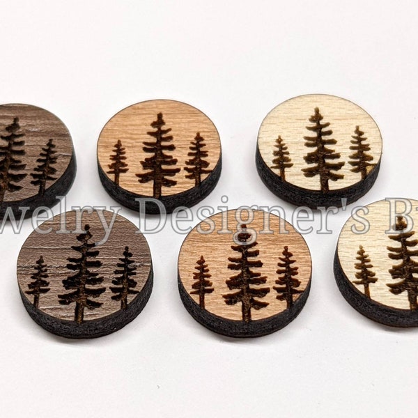 12mm Pine Trees Wood Cabochons - Leaves Wooden Embellishments - Cherrywood Walnut Birch, Pick Color - Semi-Matte Varnish