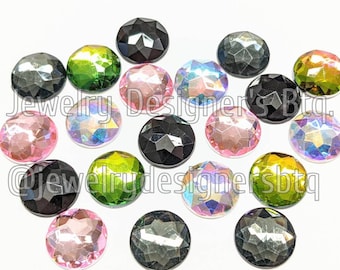 20pcs, 12mm Assorted Faceted Circle Rhinestones - Acrylic Mix Color Cabochon - Non-Hotfix Deco - Flat Back Embellishments