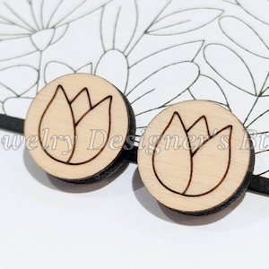 12mm Tulp Stijl 1 Cirkel Gegraveerd Hout Cabochons - Cherrywood Walnoot Berk, Pick Kleur - Semi-Matte Lak