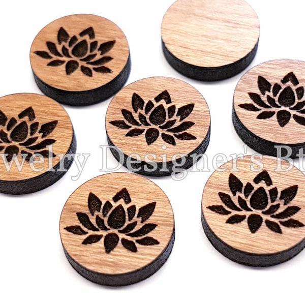 12mm Lotus Flower Wood Cabochon - Plant Engraved Wooden Embellishments - Pick Color, Walnut Cherry Birch - Semi-Matte Varnish