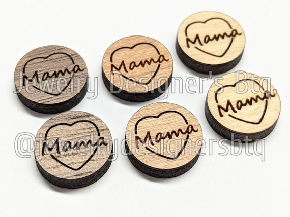 12mm Mama Heart Cabochon - Mom Engraved Wooden Embellishments - Cherrywood, Walnut, Birch - Semi-Matte Varnish