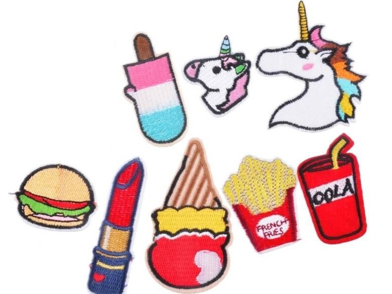 8pcs Kawaii Iron Or Sew On Patches Appliques Black And White Letters Notions Unicorn Pop Cola French Fries Icecream Popsicle Lipstick image 1
