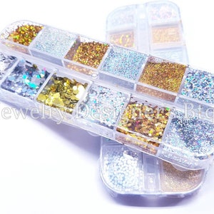 Nail Art Iridescent AB Aurora Borealis Gold and Silver Glitter pour résine Nail Polymer Arts and Crafts - Ultrafine Multi Taille - 1 Cas