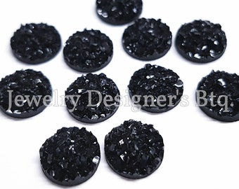 7.8mm Jet Black Druzy Resin Cabochons - Thin Style - Cabochon Deco Druzies - Faux Flatback Stones - Glossy Black