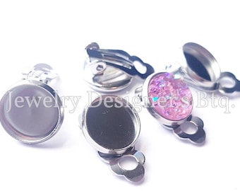 10mm Stainless Steel Clip On Earrings - Cabochon Settings Bezel Blanks