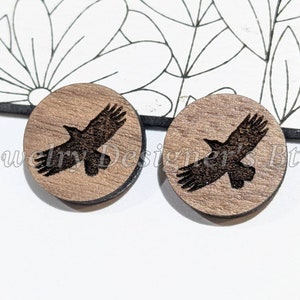 Cabochons en bois gravé Raven 12mm - Embellissements en bois animal - Bouleau noyer cerisier, couleur Pick - Vernis semi-mat