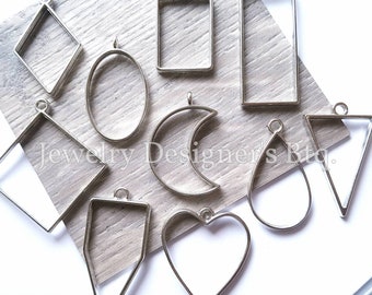 Hollow Out Pendants - Open Back Bezel Blanks For Resin Jewelry Making - Assorted Shapes - Rectangle Moon Heart Oval Drop - Silver Color