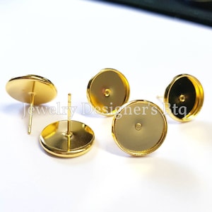 12mm Gold Plated Bezels Earrings Trays Cabochon Blanks Setting Fits 12mm Cabochons Real Gold Plating with Earring Backings Ear Nuts