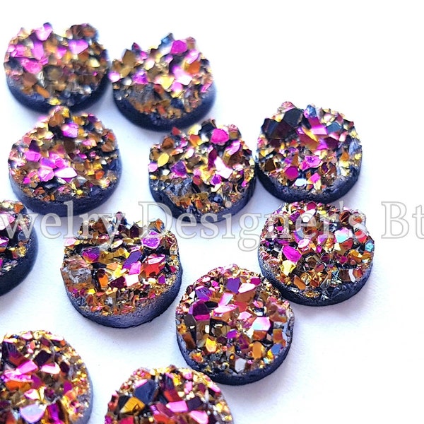 8mm Magenta Gold Druzy Resin Cabochons - Faux Druzies - Iridescent AB Round Rose Golden Cabochon