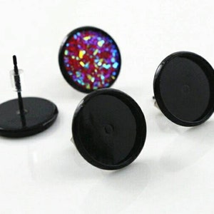 12mm Glossy Black Cabochon Stud Earring Settings - Earrings Blank Backings - Spray Painted Jet Black - Comes With Silicone Earnuts