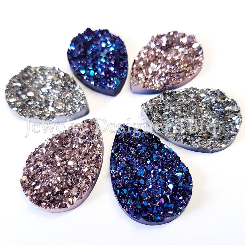 Resin Faux Druzies Iridescent Metallic Flatback Deco Gunmetal Rose Gold Dark Aurora Mystic 24.7mm x 17.8mm Druzy Teardrop Cabochons