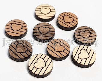 12mm Heart Wood Cabochons - Engraved Wooden Geometric Hearts Cabs - Walnut Cherry Birch, Pick Color Semi-Matte Varnished