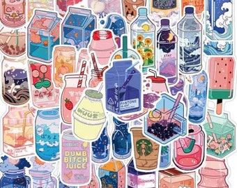 May include: A collection of colorful stickers featuring various drinks, including milk, juice, soda, and tea. The stickers have a cartoonish style and feature text in Japanese, English, and Korean.