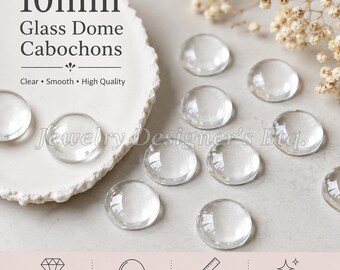 May include: A collection of 10mm clear glass dome cabochons with a smooth, rounded surface. The image includes text stating 10mm Glass Dome Cabochons, Clear, Smooth, High Quality, Jewelry Designer's Btq., Crystal Clear Transparency, and 10mm Diameter.