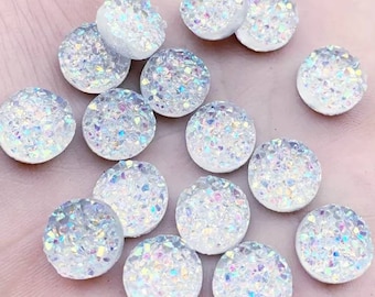 12mm Aurora Druzy Cabochon - Resin AB Deco Embellishment - Iridescent Translucent Silver Flat Bottom - Non-hotfix No Drill Holes