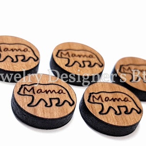 10mm Mama Bear Cherrywood Cabochon - Mother Bears Engraved Wooden Embellishments - Semi-Matte Finish