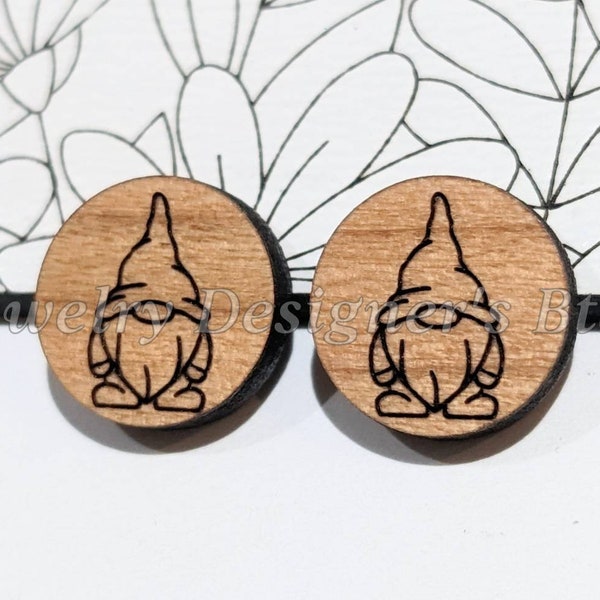 12mm Gnome Engraved Wood Cabochons - Wooden Embellishments - Cherrywood Walnut Birch, Pick Color - Semi-Matte Varnish